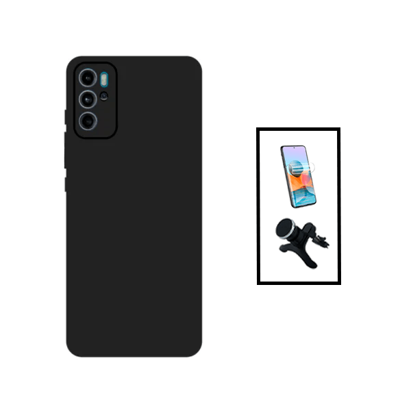 Kit Película Protectora de Hydrogel Frente + Capa Proteção Traseira Silicone + Suporte Magnético Com Pernas para Motorola Moto G60S - Preto