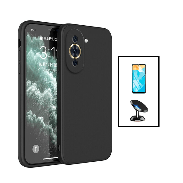 Kit Película Protectora de Hydrogel Frente + Capa Proteção Traseira Silicone + Suporte Magnético para Huawei Nova 10 - Preto