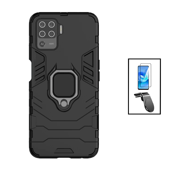 Kit Película de Vidro Temperado GorilasGlass + Capa de Proteção Militar Magnética + Suporte de Carro Magnético L para Oppo Reno5 Lite - Preto