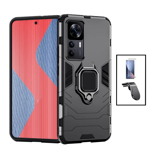 Kit Película de Vidro Temperado GorilasGlass + Capa de Proteção Militar Magnética + Suporte de Carro Magnético L para Xiaomi 12T Pro - Preto