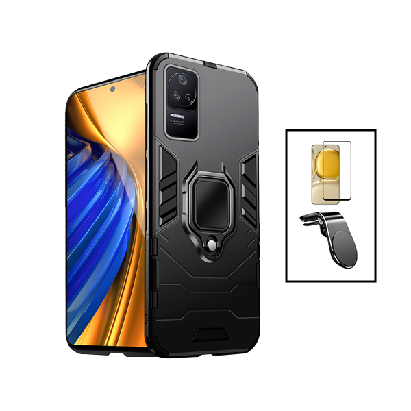Kit Película de Vidro Temperado GorilasGlass + Capa de Proteção Militar Magnética + Suporte de Carro Magnético L para Xiaomi Poco F4 5G - Preto