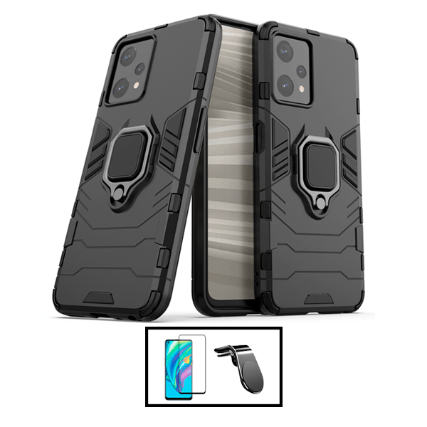 Kit Película de Vidro Temperado GorilasGlass + Capa de Proteção Militar Magnética + Suporte de Carro Magnético L para Xiaomi Realme Narzo 50 Pro - Preto