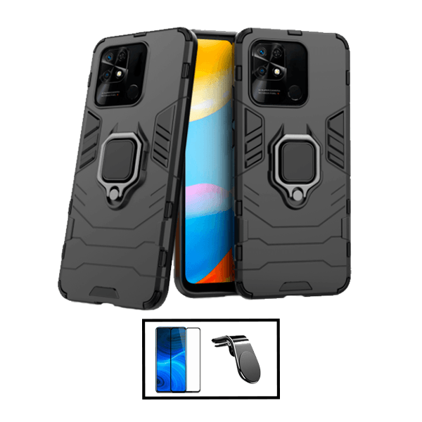 Kit Película de Vidro Temperado GorilasGlass + Capa de Proteção Militar Magnética + Suporte de Carro Magnético L para Xiaomi Redmi 10C - Preto