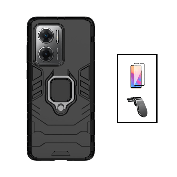 Kit Película de Vidro Temperado GorilasGlass + Capa de Proteção Militar Magnética + Suporte de Carro Magnético L para Xiaomi Redmi 11 Prime 5G - Preto