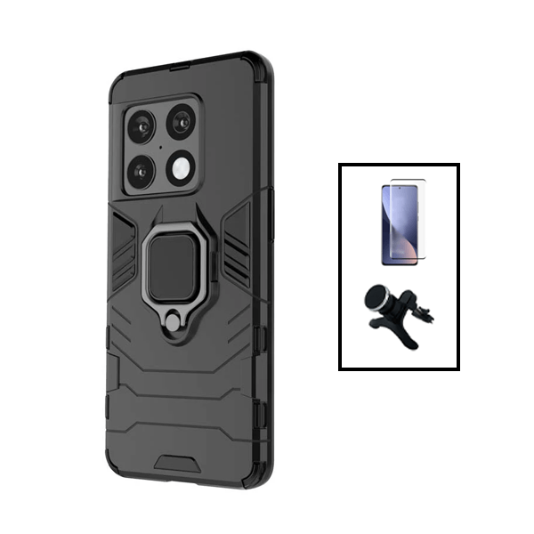 Kit Película de Vidro Temperado GorilasGlass + Capa de Proteção Militar Magnética + Suporte Magnético Com Pernas para OnePlus 10T - Preto