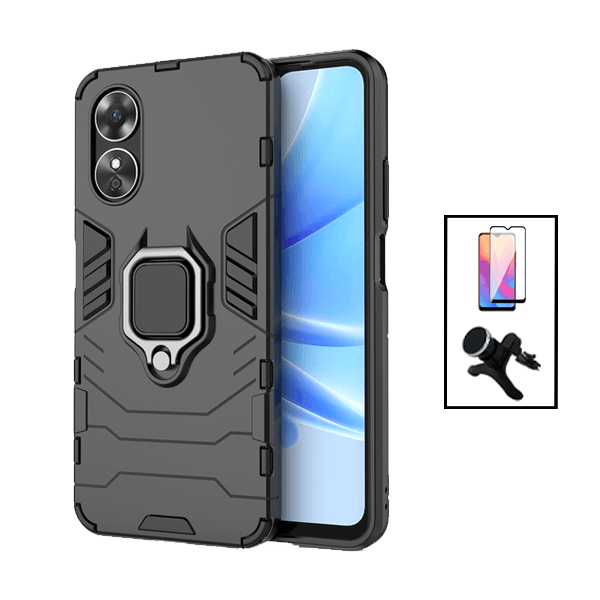 Kit Película de Vidro Temperado GorilasGlass + Capa de Proteção Militar Magnética + Suporte Magnético Com Pernas para Oppo A17 - Preto