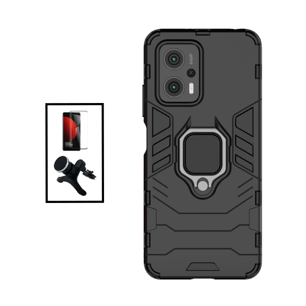 Kit Película de Vidro Temperado GorilasGlass + Capa de Proteção Militar Magnética + Suporte Magnético Com Pernas para Xiaomi Redmi Note 11T Pro+ Plus - Preto