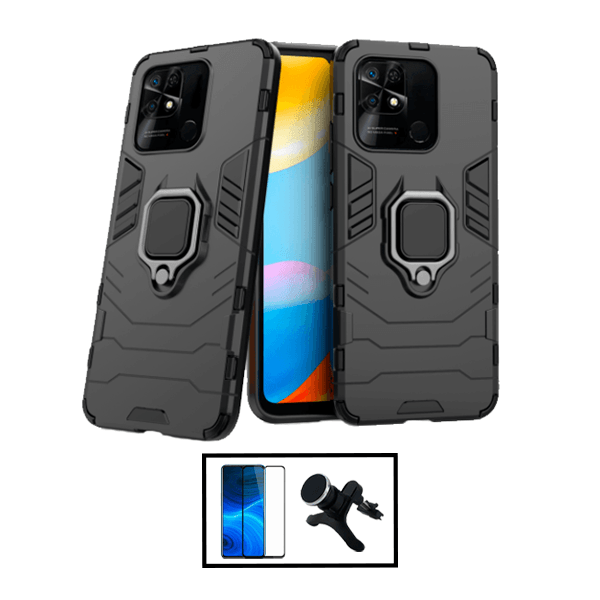 Kit Película de Vidro Temperado GorilasGlass + Capa de Proteção Militar Magnética + Suporte Magnético Com Pernas para Xiaomi Redmi 10 Power - Preto