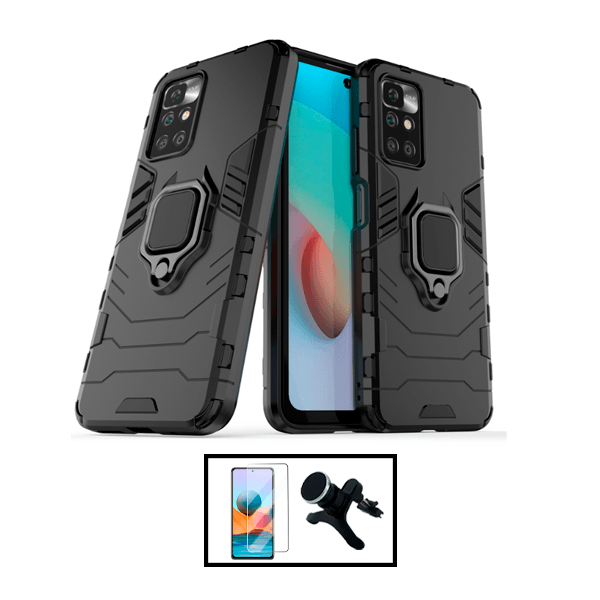 Kit Película de Vidro Temperado GorilasGlass + Capa de Proteção Militar Magnética + Suporte Magnético Com Pernas para Xiaomi Redmi 10 Prime 2022 - Preto
