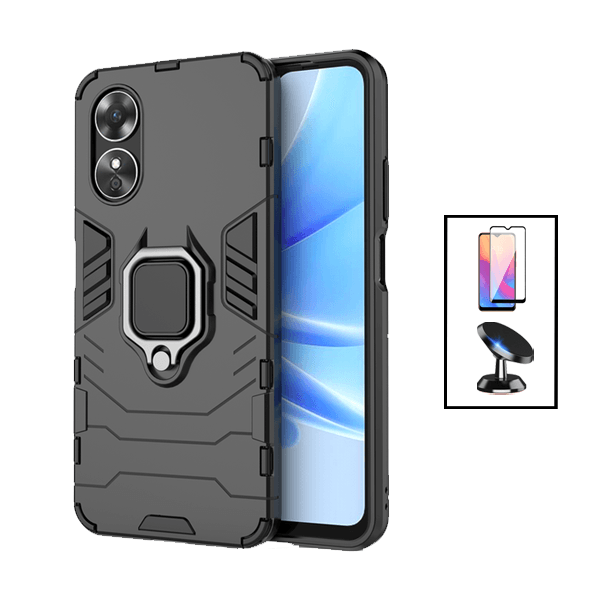 Kit Película de Vidro Temperado GorilasGlass + Capa de Proteção Militar Magnética + Suporte Magnético para Oppo A17 - Preto