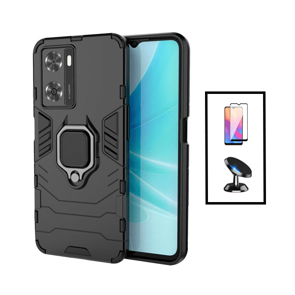 Kit Película de Vidro Temperado GorilasGlass + Capa de Proteção Militar Magnética + Suporte Magnético para Oppo A57s - Preto
