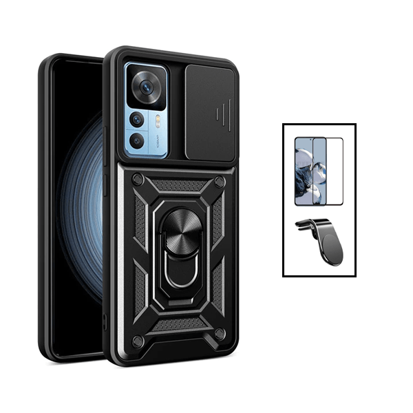Kit Película de Vidro Temperado GorilasGlass + Capa de Proteção Militar Magnética Janela Deslizante + Suporte de Carro Magnético L para Xiaomi 12T - Preto