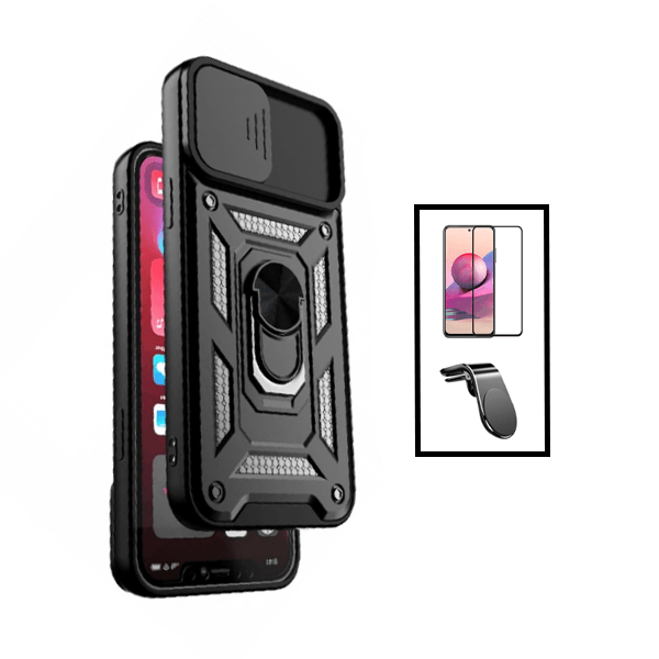 Kit Película de Vidro Temperado GorilasGlass + Capa de Proteção Militar Magnética Janela Deslizante + Suporte de Carro Magnético L para Xiaomi Redmi Note 10 Pro - Preto