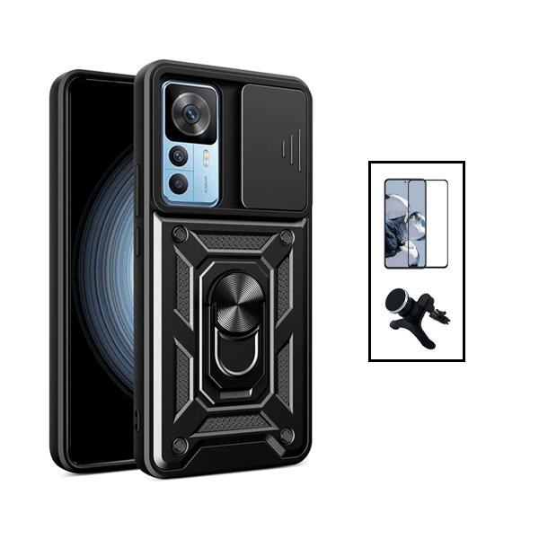 Kit Película de Vidro Temperado GorilasGlass + Capa de Proteção Militar Magnética Janela Deslizante + Suporte Magnético Com Pernas para Xiaomi 12T Pro - Preto