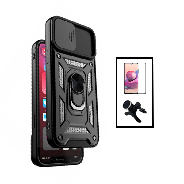 Kit Película de Vidro Temperado GorilasGlass + Capa de Proteção Militar Magnética Janela Deslizante + Suporte Magnético Com Pernas para Xiaomi Mi 11 Lite - Preto