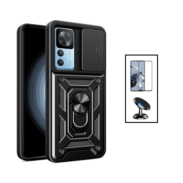 Kit Película de Vidro Temperado GorilasGlass + Capa de Proteção Militar Magnética Janela Deslizante + Suporte Magnético para Xiaomi 12T - Preto