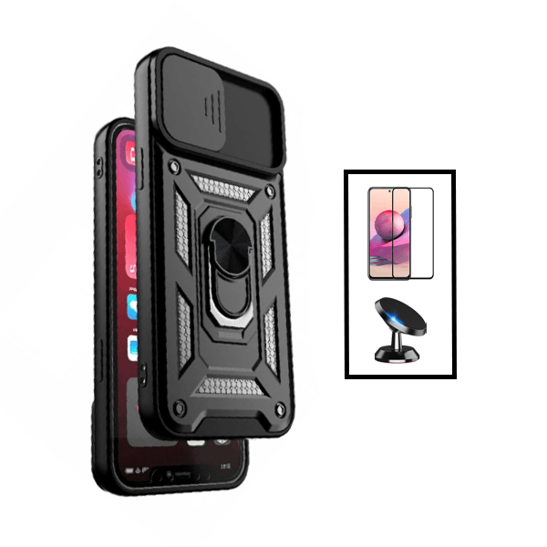 Kit Película de Vidro Temperado GorilasGlass + Capa de Proteção Militar Magnética Janela Deslizante + Suporte Magnético para Xiaomi Mi 11 Lite - Preto
