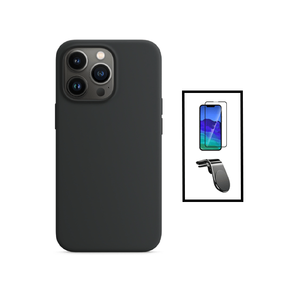 Kit Película de Vidro Temperado GorilasGlass + Capa Proteção Traseira Silicone + Suporte de Carro Magnético L para Apple iPhone 14 - Preto