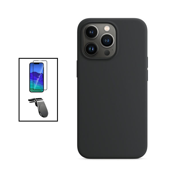 Kit Película de Vidro Temperado GorilasGlass + Capa Proteção Traseira Silicone + Suporte de Carro Magnético L para Apple iPhone 14 Pro Max - Preto