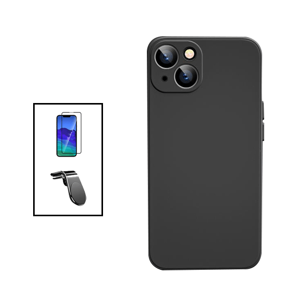 Kit Película de Vidro Temperado GorilasGlass + Capa Proteção Traseira Silicone + Suporte de Carro Magnético L para Apple iPhone 14 - Preto