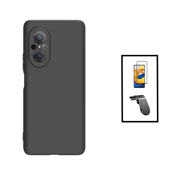 Kit Película de Vidro Temperado GorilasGlass + Capa Proteção Traseira Silicone + Suporte de Carro Magnético L para Huawei Nova 9 SE - Preto