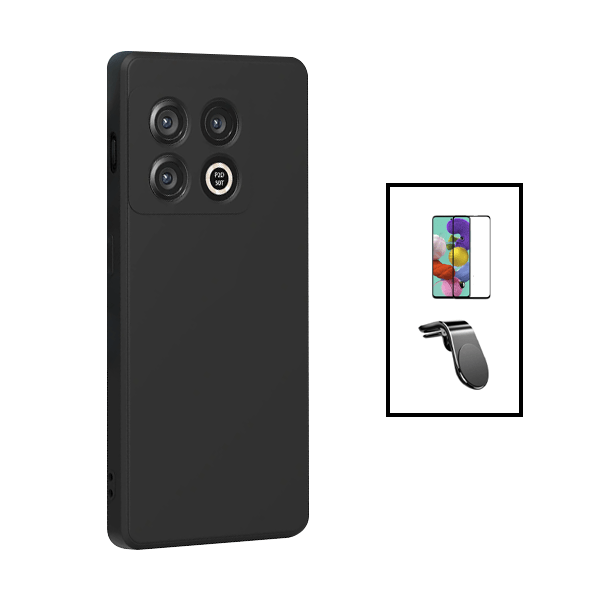 Kit Película de Vidro Temperado GorilasGlass + Capa Proteção Traseira Silicone + Suporte de Carro Magnético L para OnePlus 10T - Preto