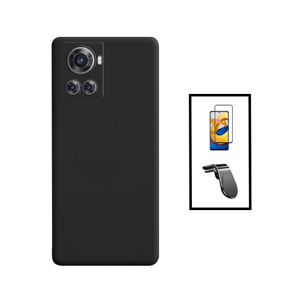 Kit Película de Vidro Temperado GorilasGlass + Capa Proteção Traseira Silicone + Suporte de Carro Magnético L para OnePlus 10R 5G - Preto