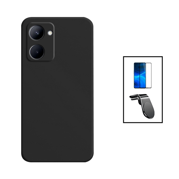 Kit Película de Vidro Temperado GorilasGlass + Capa Proteção Traseira Silicone + Suporte de Carro Magnético L para Realme C33 - Preto