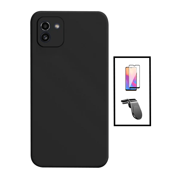 Kit Película de Vidro Temperado GorilasGlass + Capa Proteção Traseira Silicone + Suporte de Carro Magnético L para Samsung Galaxy A03 4G - Preto
