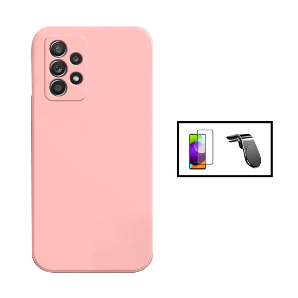 Kit Película de Vidro Temperado GorilasGlass + Capa Proteção Traseira Silicone + Suporte de Carro Magnético L para Samsung Galaxy A73 5G - Rosa
