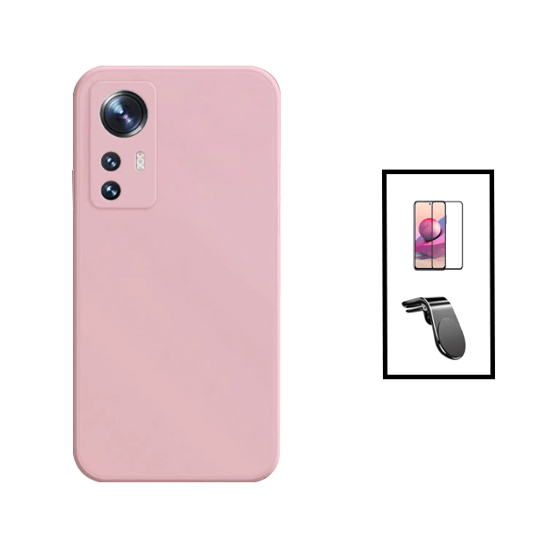 Kit Película de Vidro Temperado GorilasGlass + Capa Proteção Traseira Silicone + Suporte de Carro Magnético L para Xiaomi 12T Pro - Rosa