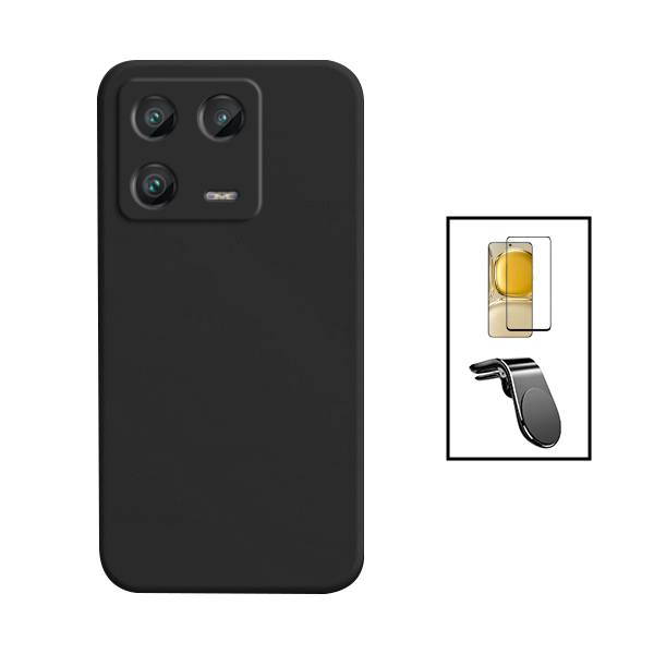 Kit Película de Vidro Temperado GorilasGlass + Capa Proteção Traseira Silicone + Suporte de Carro Magnético L para Xiaomi 13 - Preto