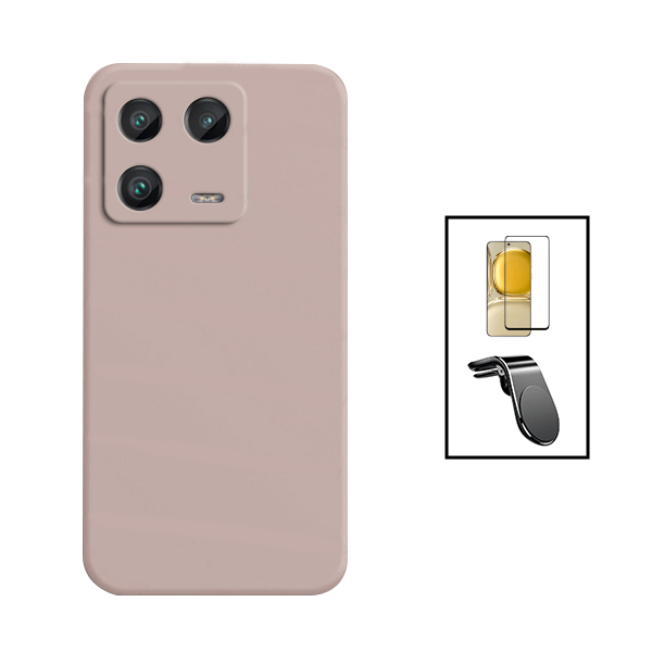Kit Película de Vidro Temperado GorilasGlass + Capa Proteção Traseira Silicone + Suporte de Carro Magnético L para Xiaomi 13 - Rosa