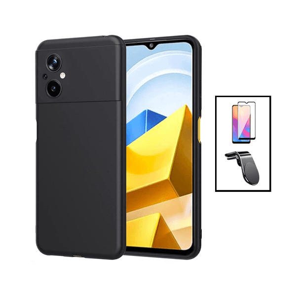 Kit Película de Vidro Temperado GorilasGlass + Capa Proteção Traseira Silicone + Suporte de Carro Magnético L para Xiaomi Poco M5 - Preto