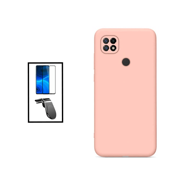 Kit Película de Vidro Temperado GorilasGlass + Capa Proteção Traseira Silicone + Suporte de Carro Magnético L para Xiaomi Redmi 10C - Rosa