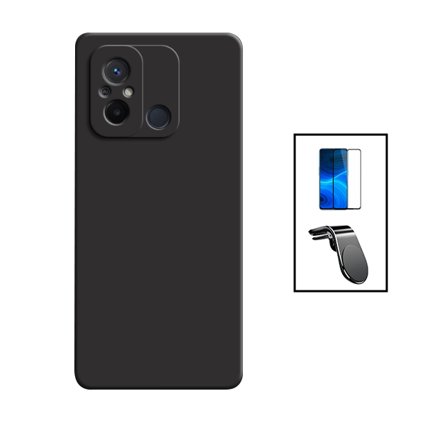 Kit Película de Vidro Temperado GorilasGlass + Capa Proteção Traseira Silicone + Suporte de Carro Magnético L para Xiaomi Redmi 12C - Preto
