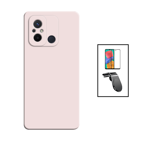 Kit Película de Vidro Temperado GorilasGlass + Capa Proteção Traseira Silicone + Suporte de Carro Magnético L para Xiaomi Redmi 12C - Rosa