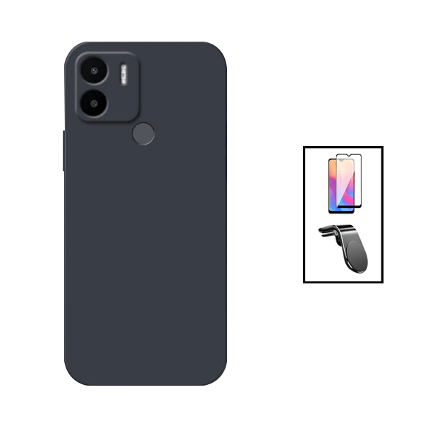 Kit Película de Vidro Temperado GorilasGlass + Capa Proteção Traseira Silicone + Suporte de Carro Magnético L para Xiaomi Redmi A1+ - Preto