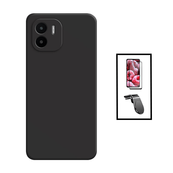 Kit Película de Vidro Temperado GorilasGlass + Capa Proteção Traseira Silicone + Suporte de Carro Magnético L para Xiaomi Redmi A1 - Preto