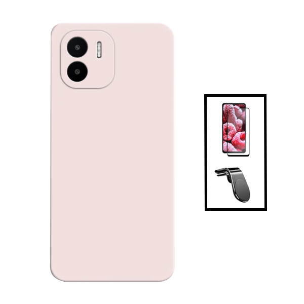 Kit Película de Vidro Temperado GorilasGlass + Capa Proteção Traseira Silicone + Suporte de Carro Magnético L para Xiaomi Redmi A1 - Rosa