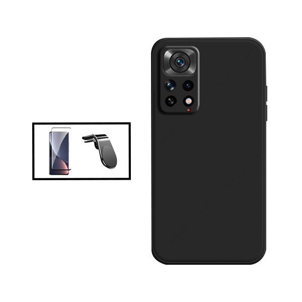 Kit Película de Vidro Temperado GorilasGlass + Capa Proteção Traseira Silicone + Suporte de Carro Magnético L para Xiaomi Redmi Note 11S 5G - Preto