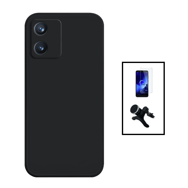 Kit Película de Vidro Temperado GorilasGlass + Capa Proteção Traseira Silicone + Suporte Magnético Com Pernas para Alcatel 1B (2022) - Preto