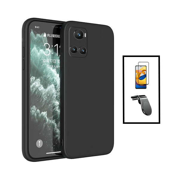 Kit Película de Vidro Temperado GorilasGlass + Capa Proteção Traseira Silicone + Suporte de Carro Magnético L para OnePlus 10R 5G - Preto