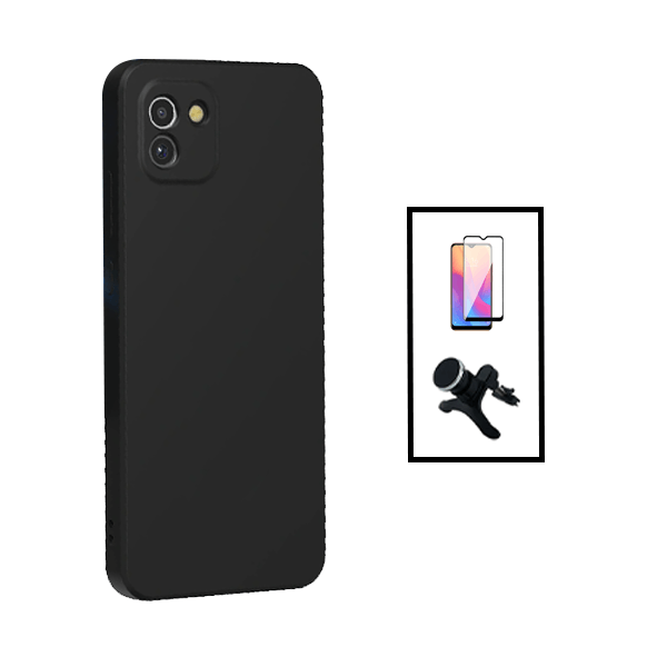 Kit Película de Vidro Temperado GorilasGlass + Capa Proteção Traseira Silicone + Suporte Magnético Com Pernas para Samsung Galaxy A03 - Preto