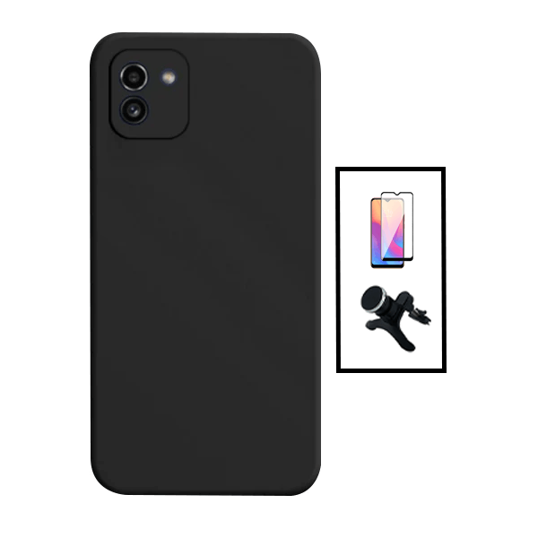 Kit Película de Vidro Temperado GorilasGlass + Capa Proteção Traseira Silicone + Suporte Magnético Com Pernas para Samsung Galaxy A03 4G - Preto