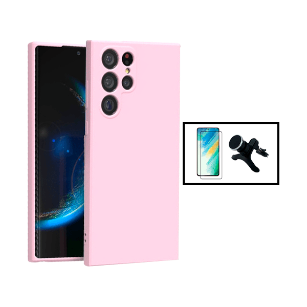 Kit Película de Vidro Temperado GorilasGlass + Capa Proteção Traseira Silicone + Suporte Magnético Com Pernas para Samsung Galaxy S23 Ultra - Rosa