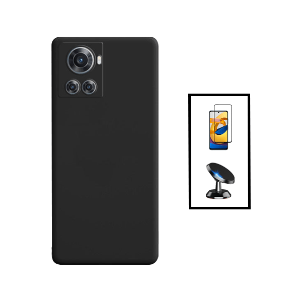 Kit Película de Vidro Temperado GorilasGlass + Capa Proteção Traseira Silicone + Suporte Magnético para OnePlus 10R 150W - Preto