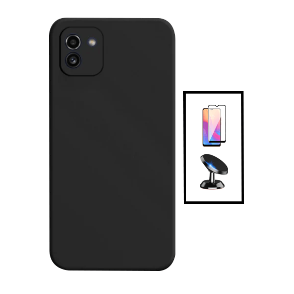 Kit Película de Vidro Temperado GorilasGlass + Capa Proteção Traseira Silicone + Suporte Magnético para Samsung Galaxy A03 4G - Preto