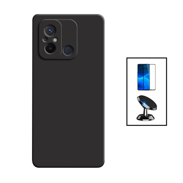 Kit Película de Vidro Temperado GorilasGlass + Capa Proteção Traseira Silicone + Suporte Magnético para Xiaomi Redmi 12C - Preto