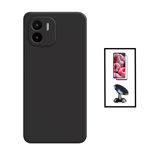 Kit Película de Vidro Temperado GorilasGlass + Capa Proteção Traseira Silicone + Suporte Magnético para Xiaomi Redmi A1 - Preto